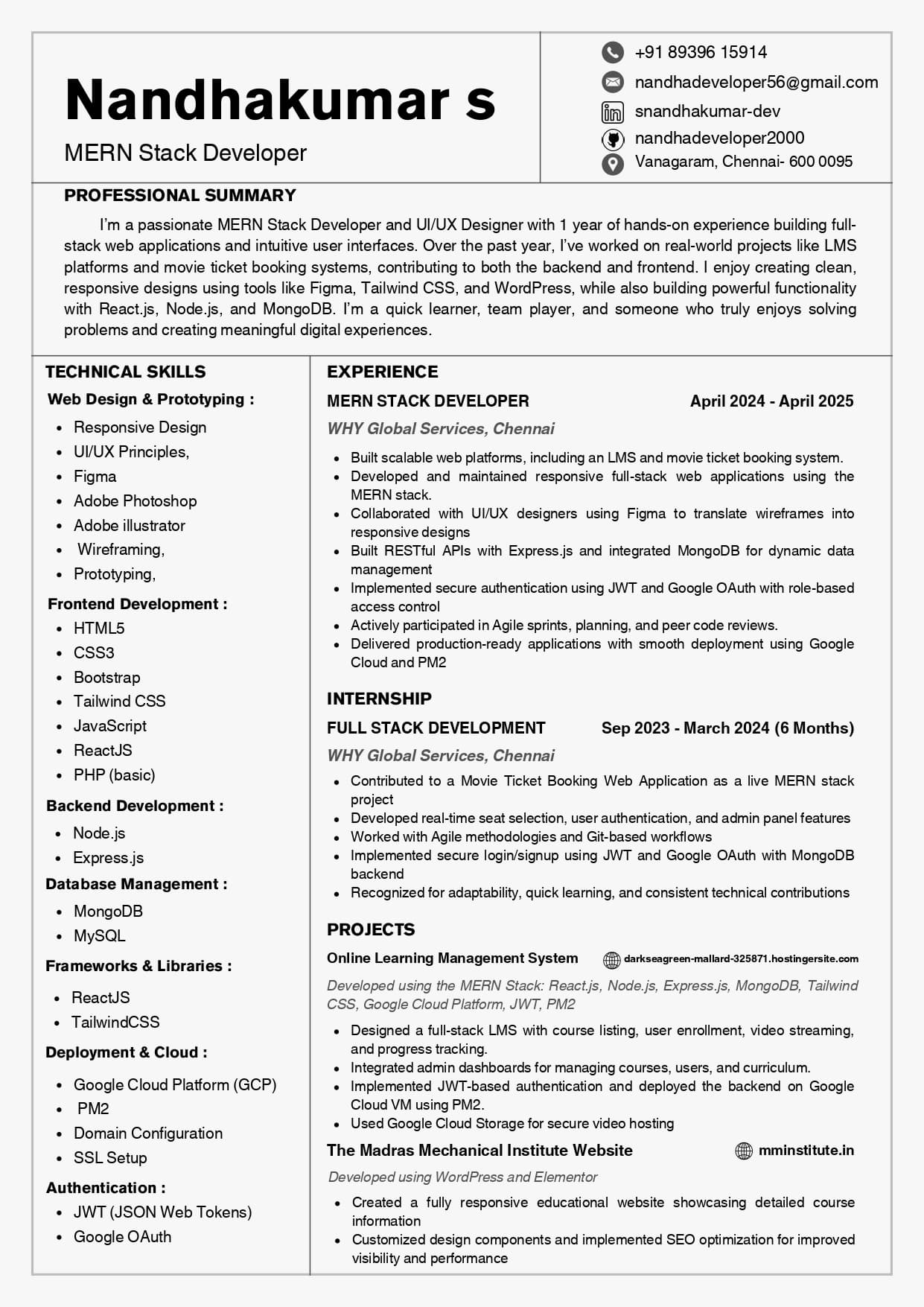 Nandhakumar S resume preview